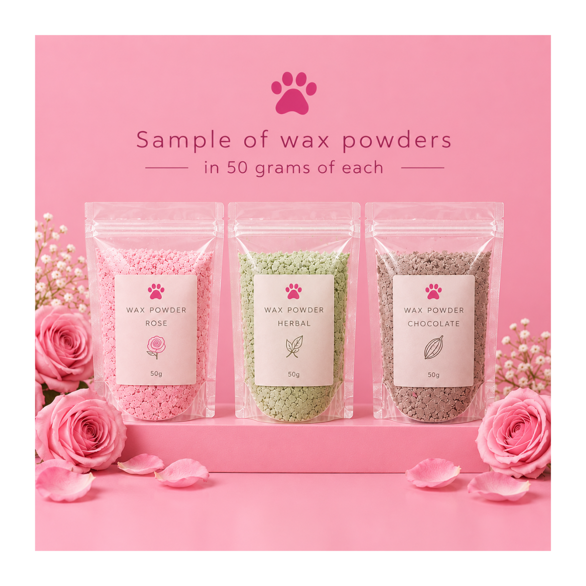 Wax Powder Samples – Rose, Herbal & Chocolate | 50g Each