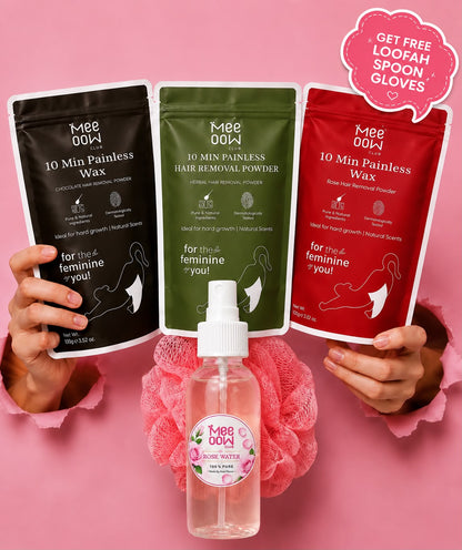 Trio Pack Mee Oow Club 10 Min Painless Hair Removal Powder – Rose, Chocolate & Herbal 150g Each